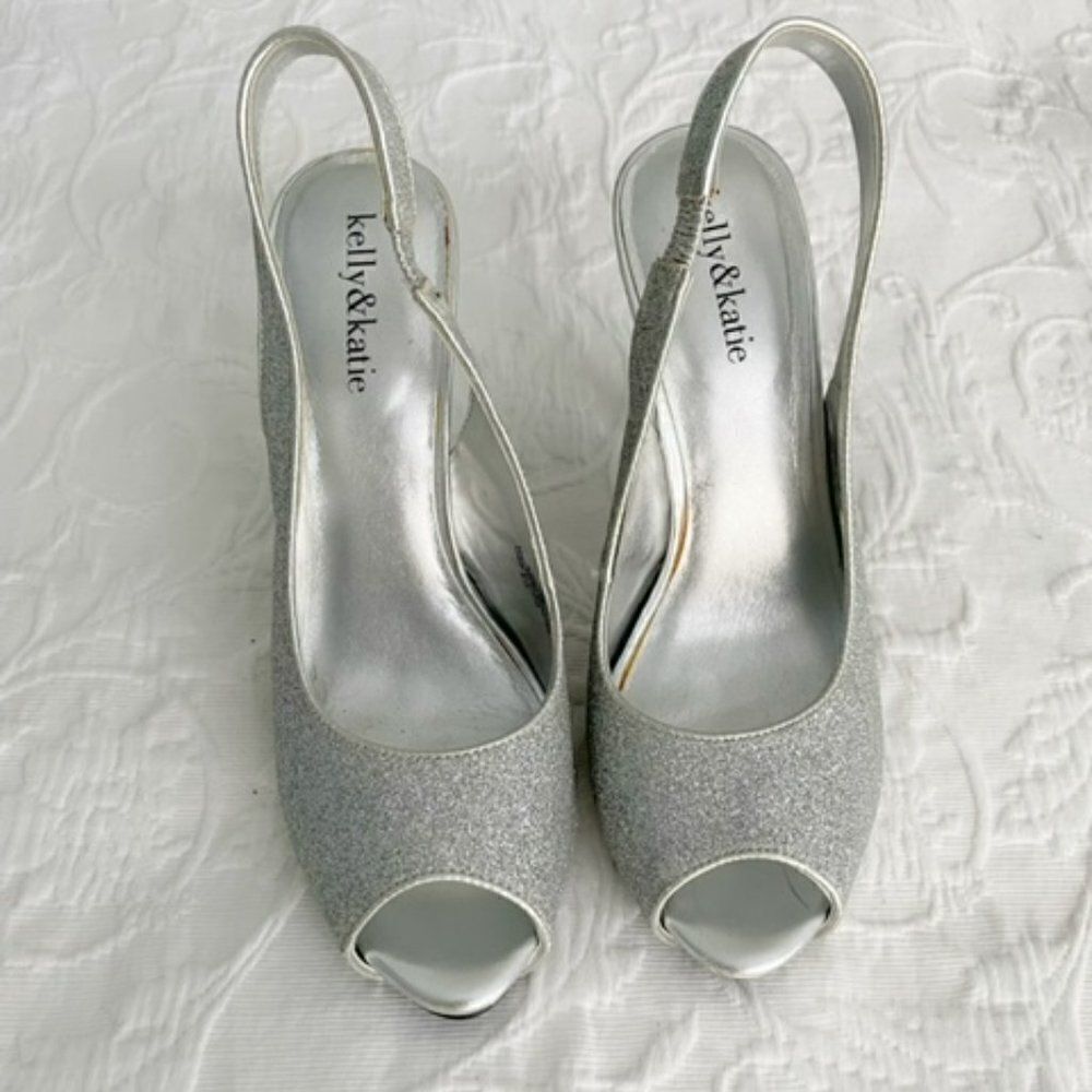 Kelly & Katie Silver Glitter Sparkle Peep Toe Sling Back Platform Heels Size 8.5
